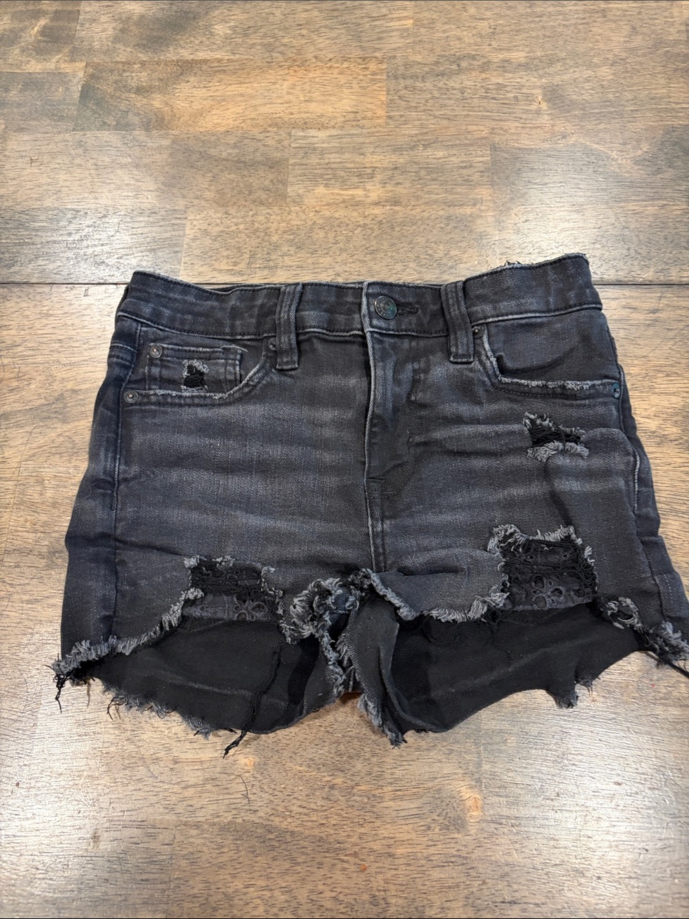 American Eagle Outfitters Black Distressed Lace-Back Jean Shorts